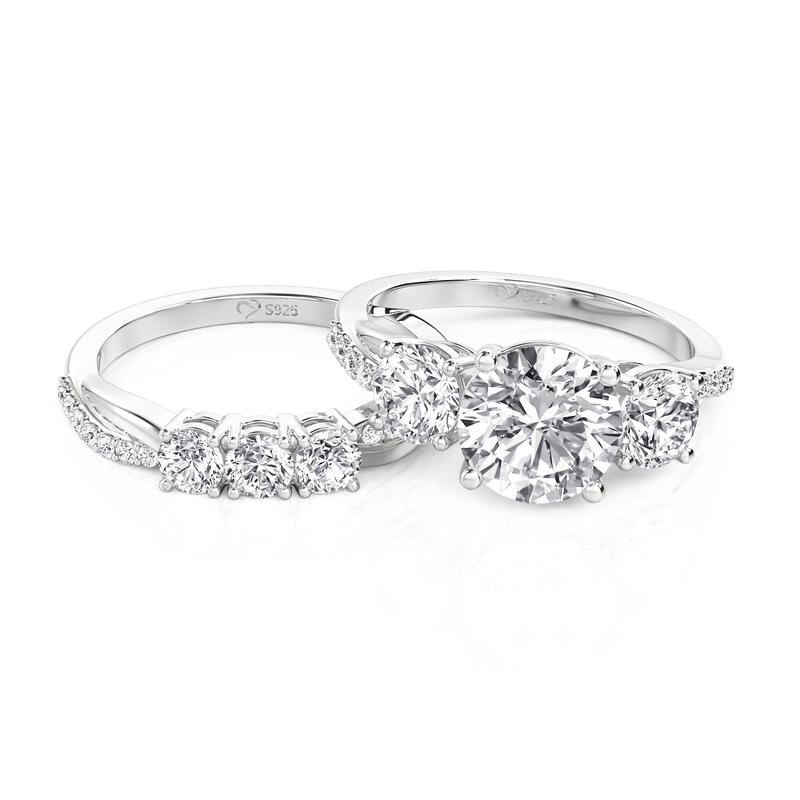 Jeulia Three Stone Round Cut Twist Ring Set Sterling Silver