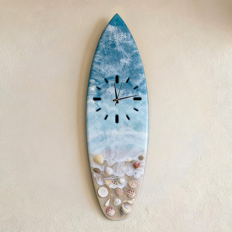 Ocean Waves & Shells Resin Wall Clock Artisanal Surfboard Coastal Decor ...