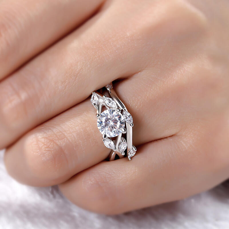 Jeulia Nature Inspired Round Cut Sterling Silver Ring Set