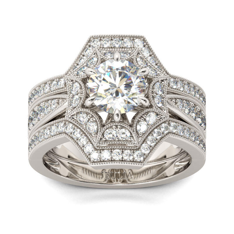 Jeulia Terno De Anillos Con Arte Adorno De Talla Redonda En Plata De Ley