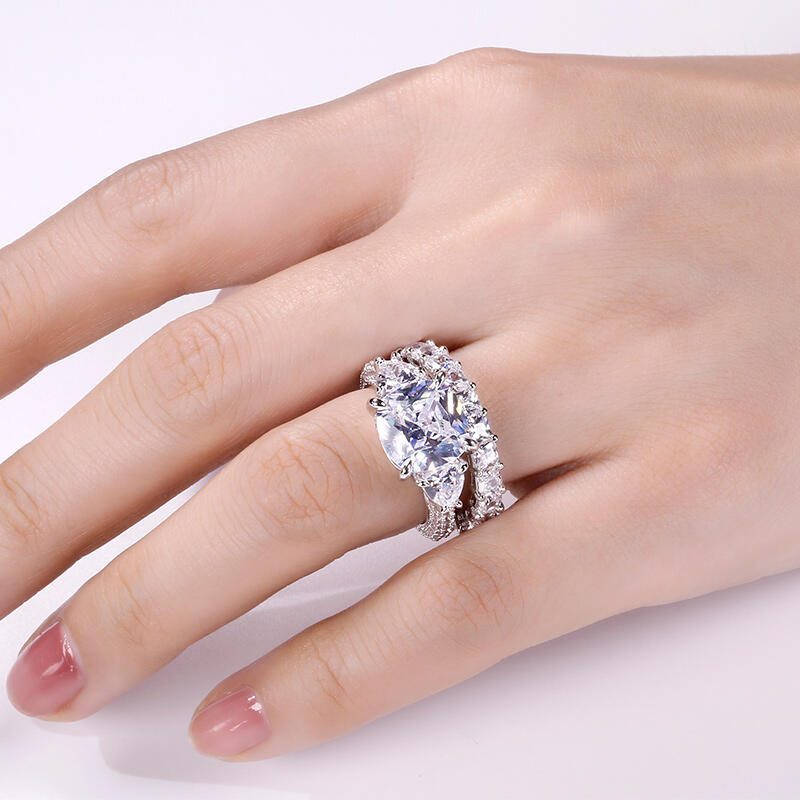 Jeulia Three Stone Cushion Cut Sterling Silver Ring Set