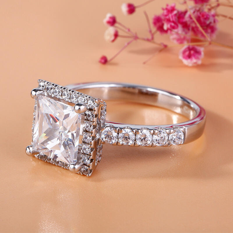 Jeulia Classic Halo Princess Cut Sterling Silver Ring