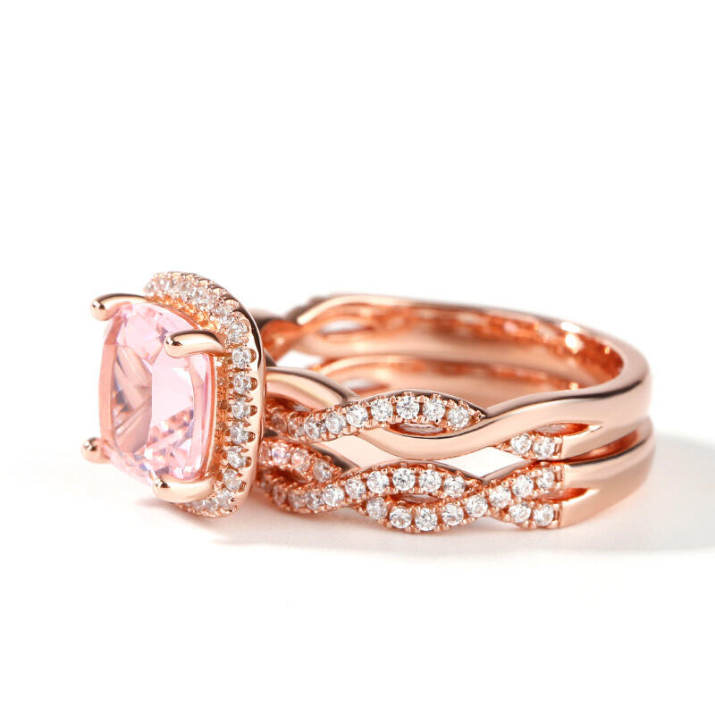 Jeulia Twist Halo Cushion Cut Synthetic Morganite Sterling Silver Ring Set