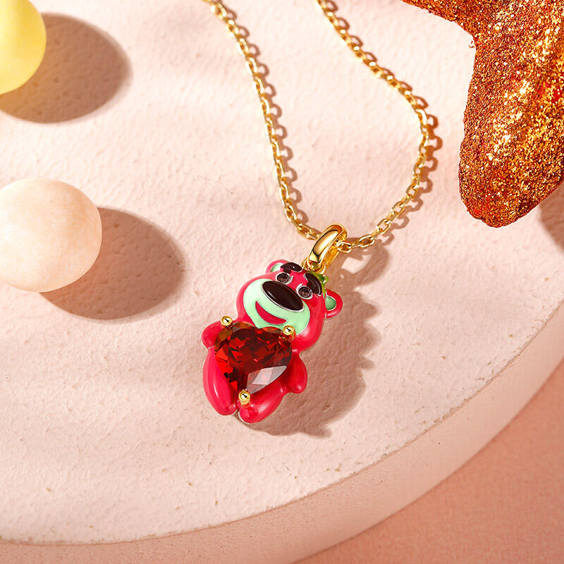 Jeulia Hug Me "Pink Boy"  Bear with Strawberry Sterling Silver Necklace