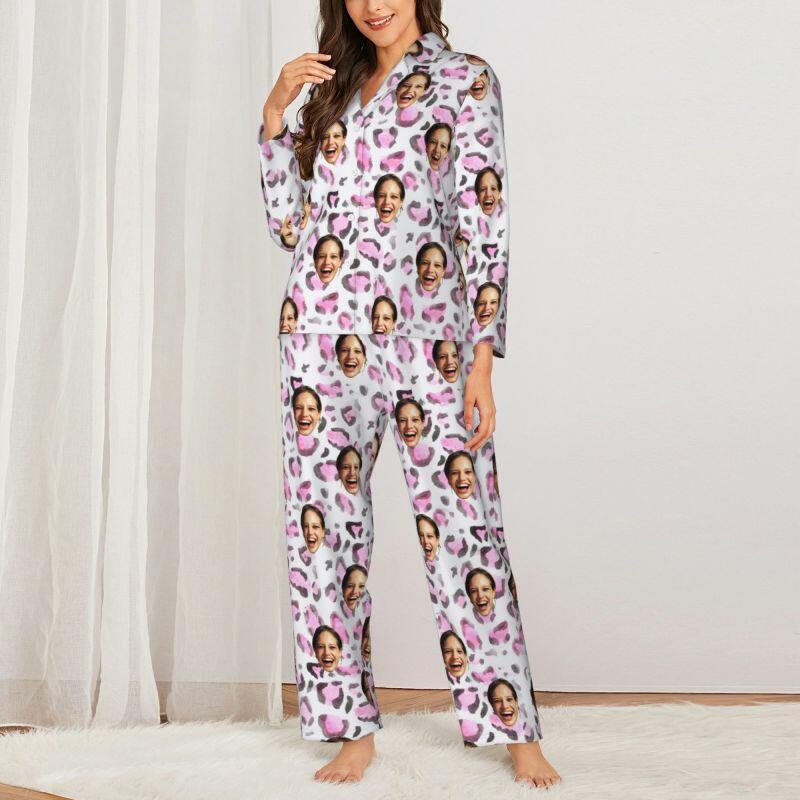 Personalized Pajamas Custom Photo Pinkish Purple Leopard Print Design Exquisite Gift for Her