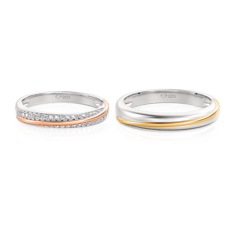 Jeulia Two Tone Slash Couple Ring Set Sterling Silver