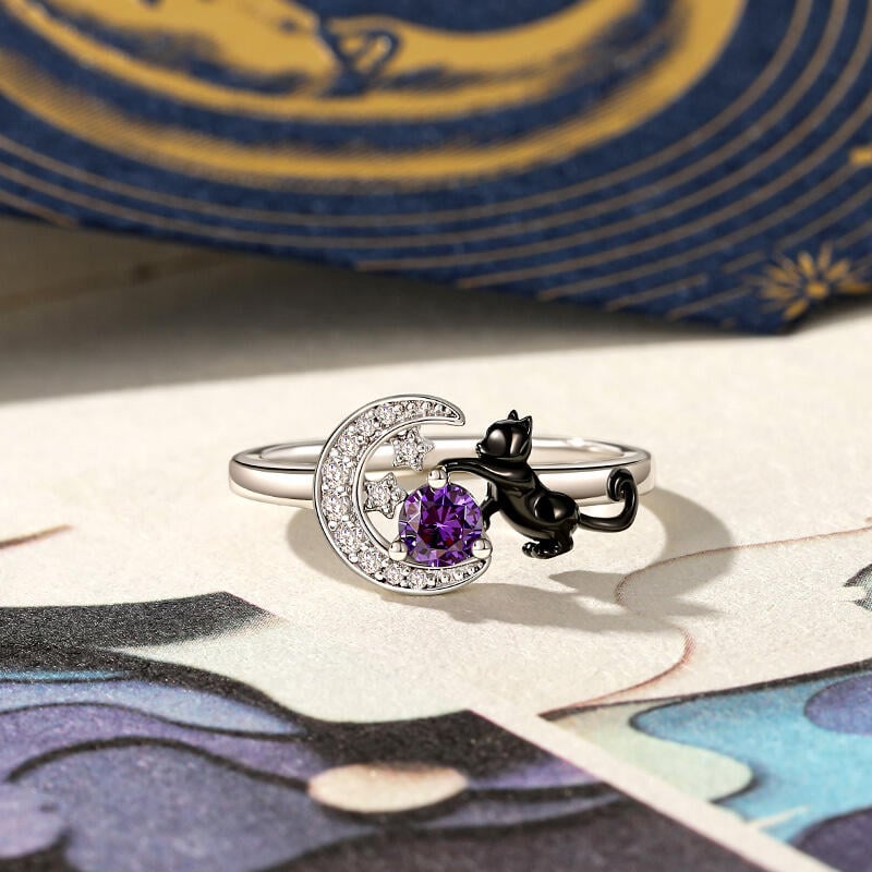 Custom Black Cat Moon and Star Ring With Birthstone