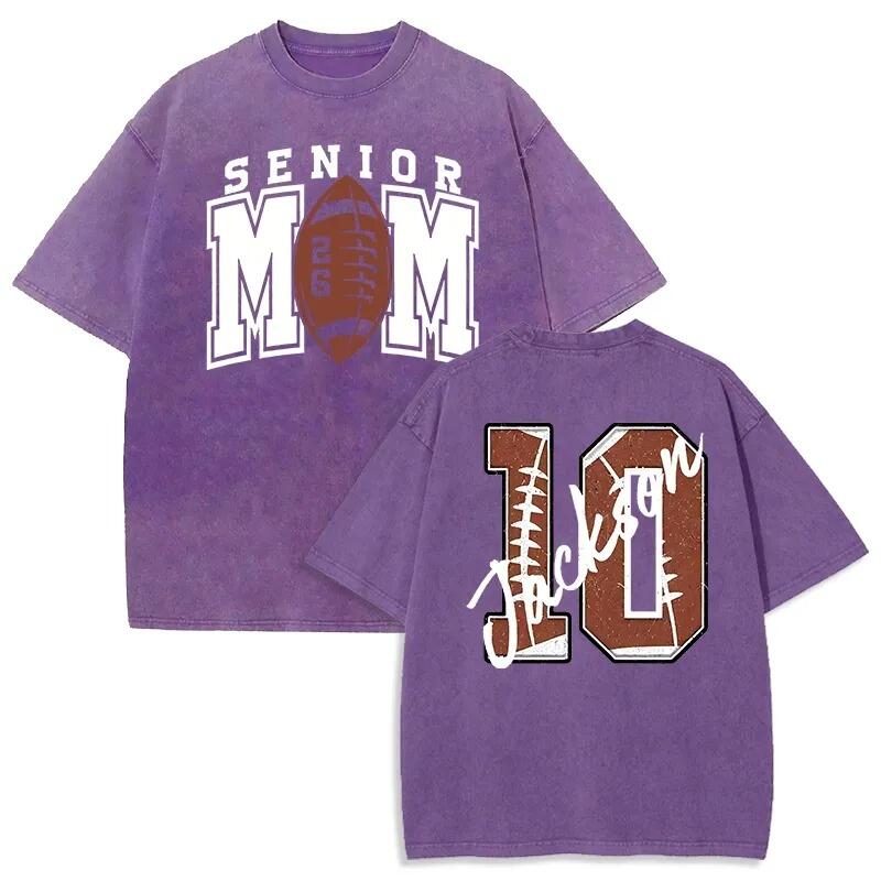 Personalized Washed T-shirt Senior Football Mom with Custom Kids Name Number Gift for Sports Lovers