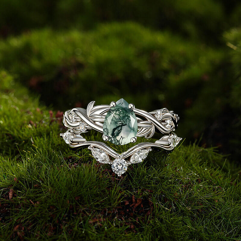 Jeulia Verflochtenes Blatt Birnenförmiger Moosachat Ringset