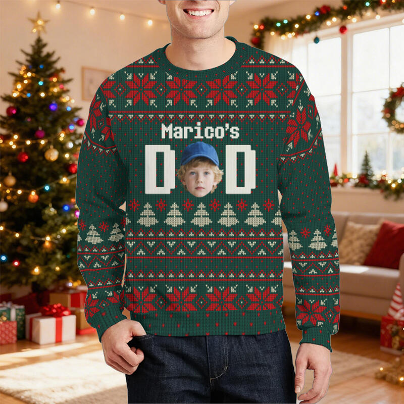 Personlig ful tröja unisex med anpassat huvudfoto och festivalmönster Design Julklapp till pappa Familj