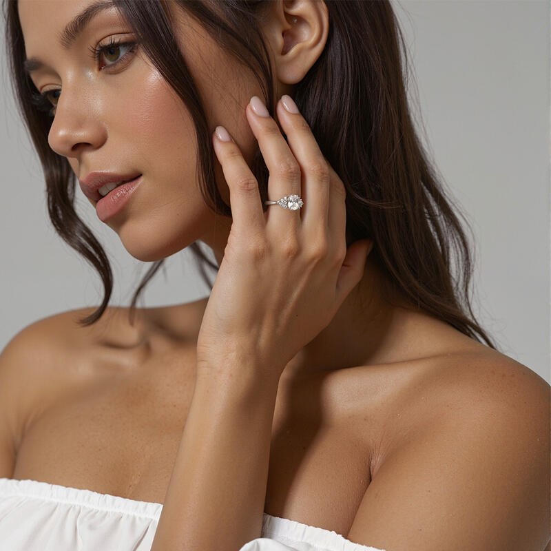 "Promise of Romance" Elongated Cushion Cluster Side Stone Engagement Ring