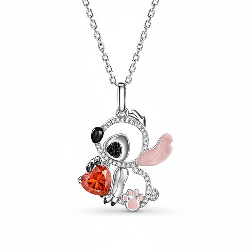 Jeulia Hug Me "Little Monster" Pink Ear Heart Cut Personalized Sterling Silver Necklace