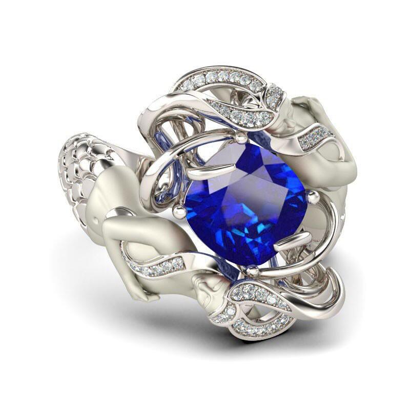 Jeulia Dark Blue Cushion Cut Sterling Silver Mermaid Ring