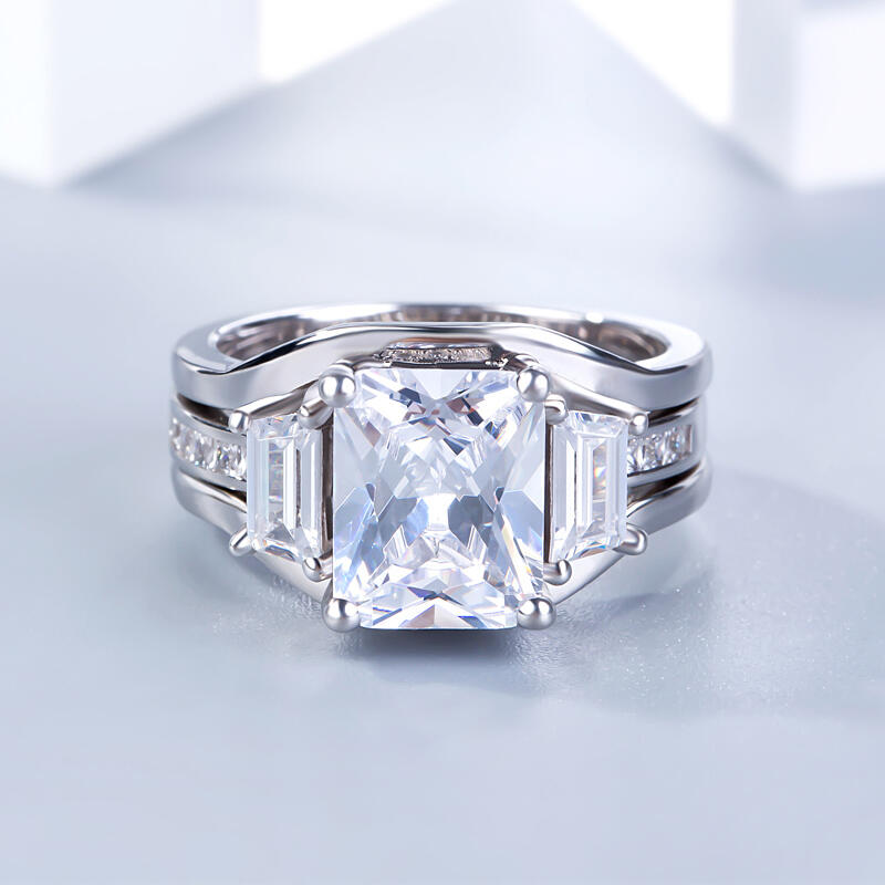Jeulia Three Stone Radiant Cut Sterling Silver Ring Set