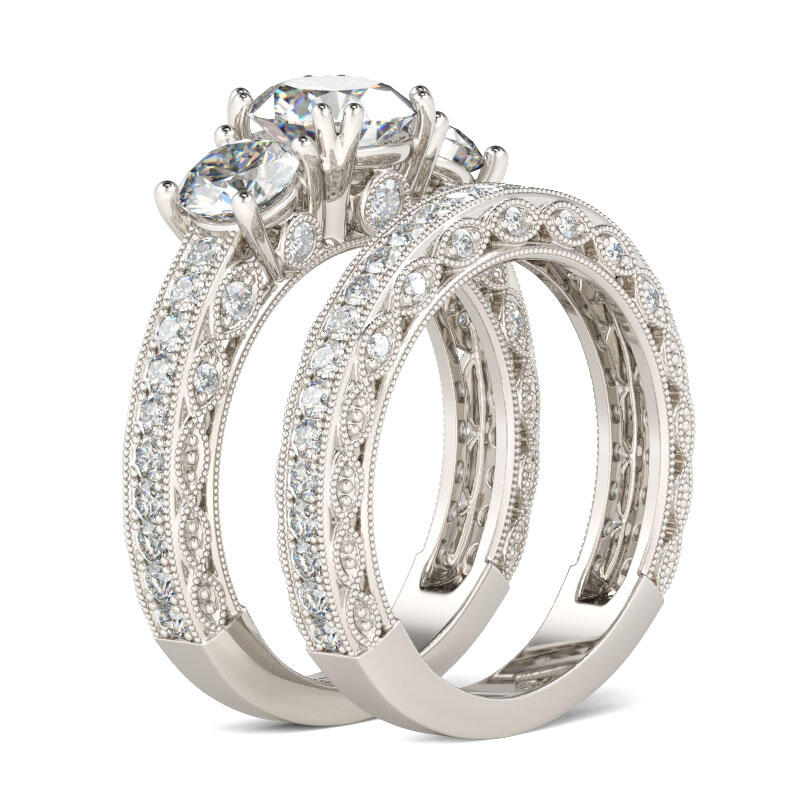 جوليا طقم خواتم بقطع دائري الفضة الإسترليني بثلاثة أحجار على شكل مسنن