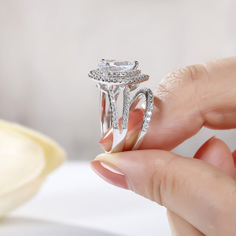 Jeulia Double Halo Pear Cut Sterling Silver Ring Set
