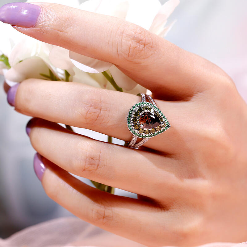 Jeulia Avocado Design Double Halo Pear Cut Sterling Silver Ring