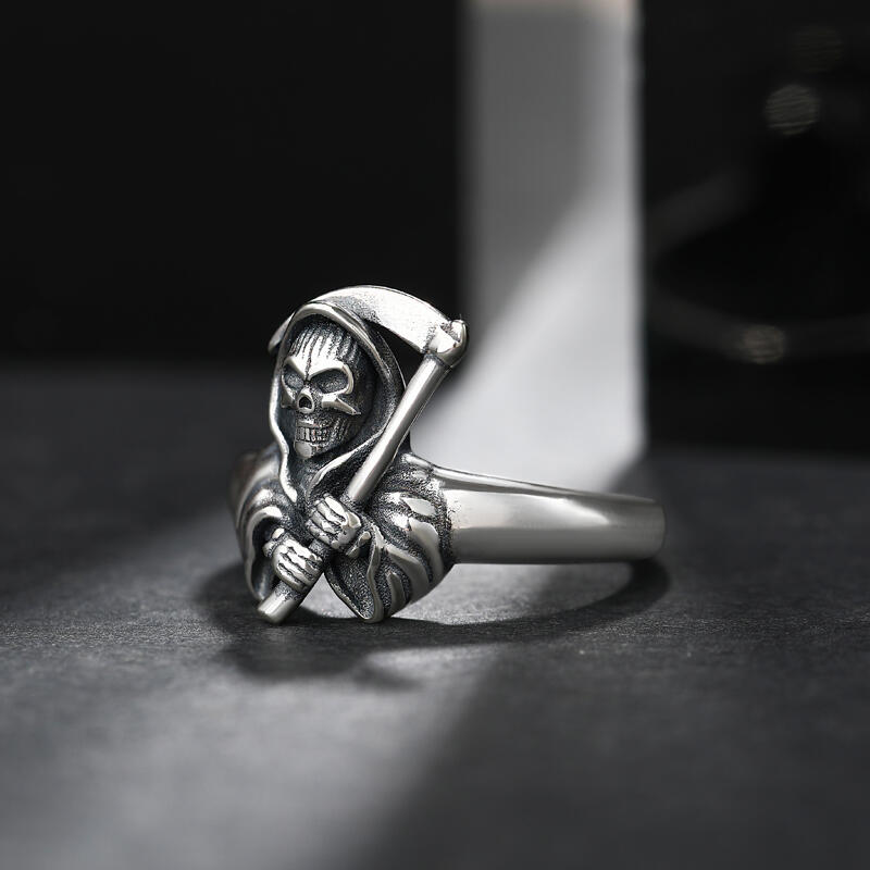 Jeulia Anillo parca guadaña para hombre de plata calavera punk