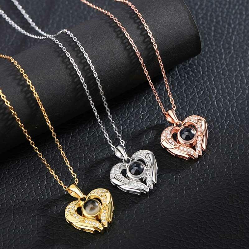 シルバー925 ハート&羽 投影 写真 写真入れ ネックレス