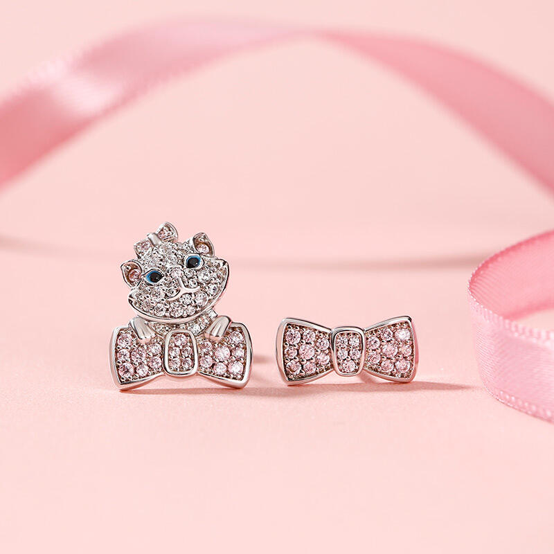 Jeulia "I Love Cats" Bow Design Mismatched Stud Earrings