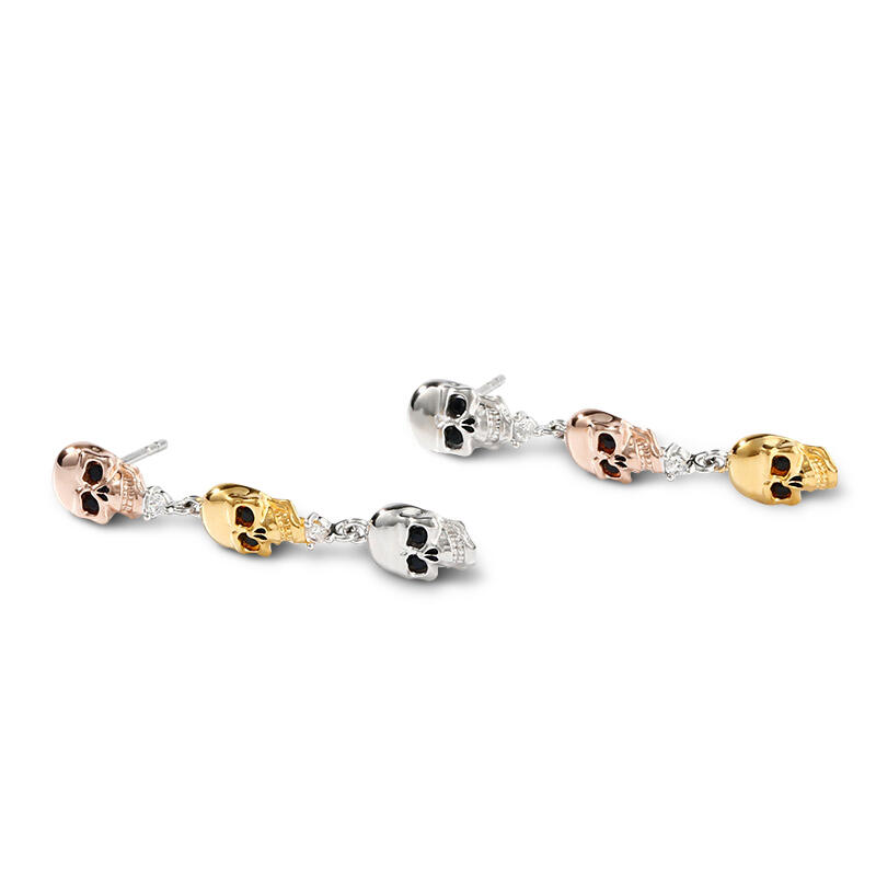 Jeulia Pendientes de calavera tricolor y huesos cruzados en plata de ley