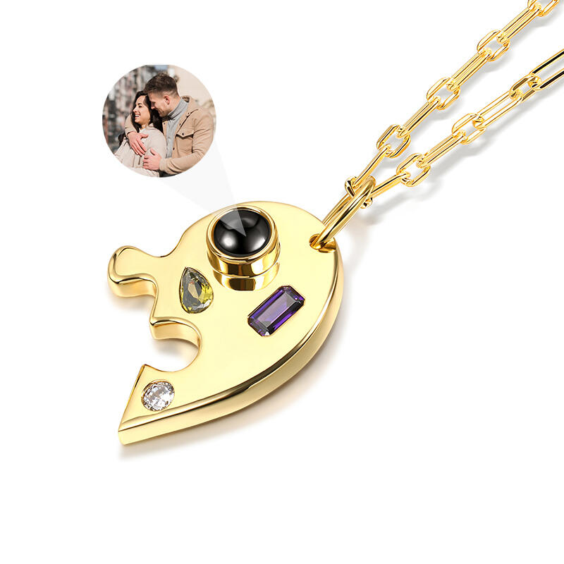 Jeulia Half Heart Puzzle Design Personalized Photo Projection Sterling Silver Necklace