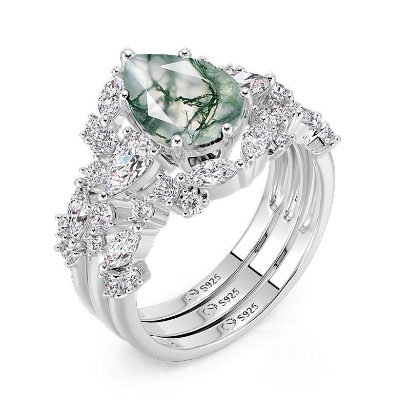 Jeulia Olivetta Pear Cut Moss Agate Ring Set