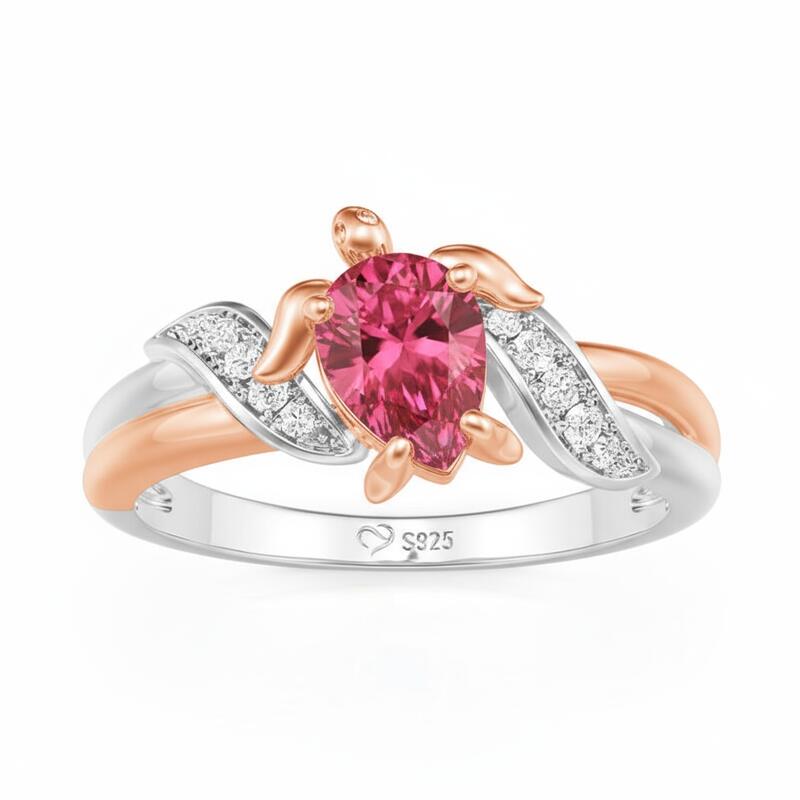 Jeulia Hug Me Two Tone Custom Pear Cut Turtle Ring with Birthstone
