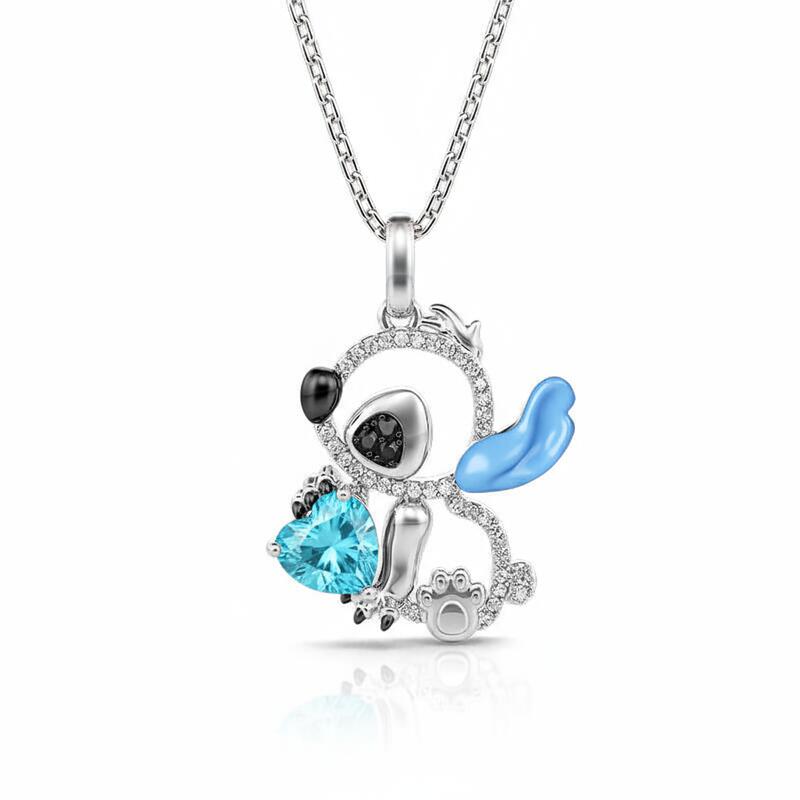 Jeulia Hug Me "Little Monster" Heart Cut Blue Ear Personalized Sterling Silver Necklace