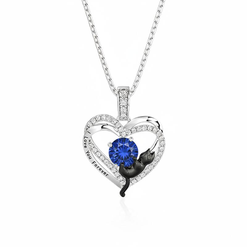 Jeulia Custom Black Cat Double Heart Necklace With Birthstone