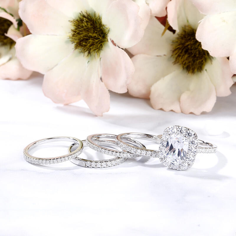 Jeulia 5PC Halo Cushion Cut Sterling Silver Ring Set