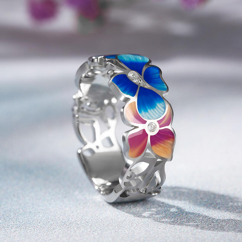 Jeulia Anillos de mujer de plata de ley con esmalte en forma de flores en rosa y azul