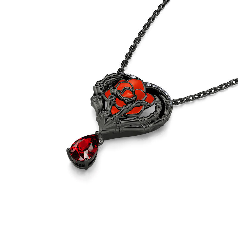 Jeulia "Never Ending Love" Skeleton Hands & Rose Sterling Silver Necklace