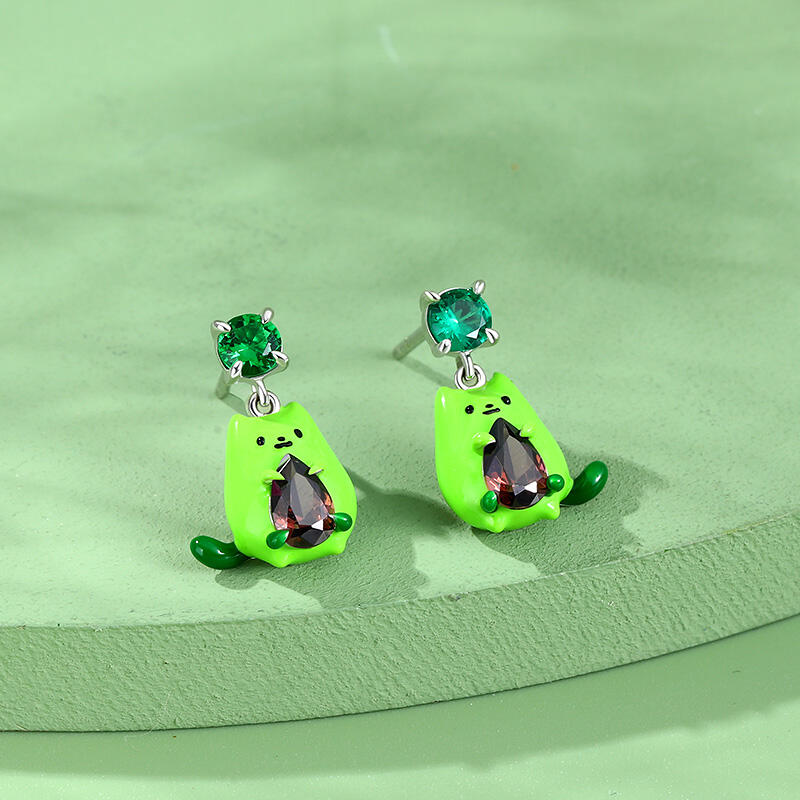 Jeulia Hug Me "Avocado Cat" Enamel Sterling Silver Jewelry Set