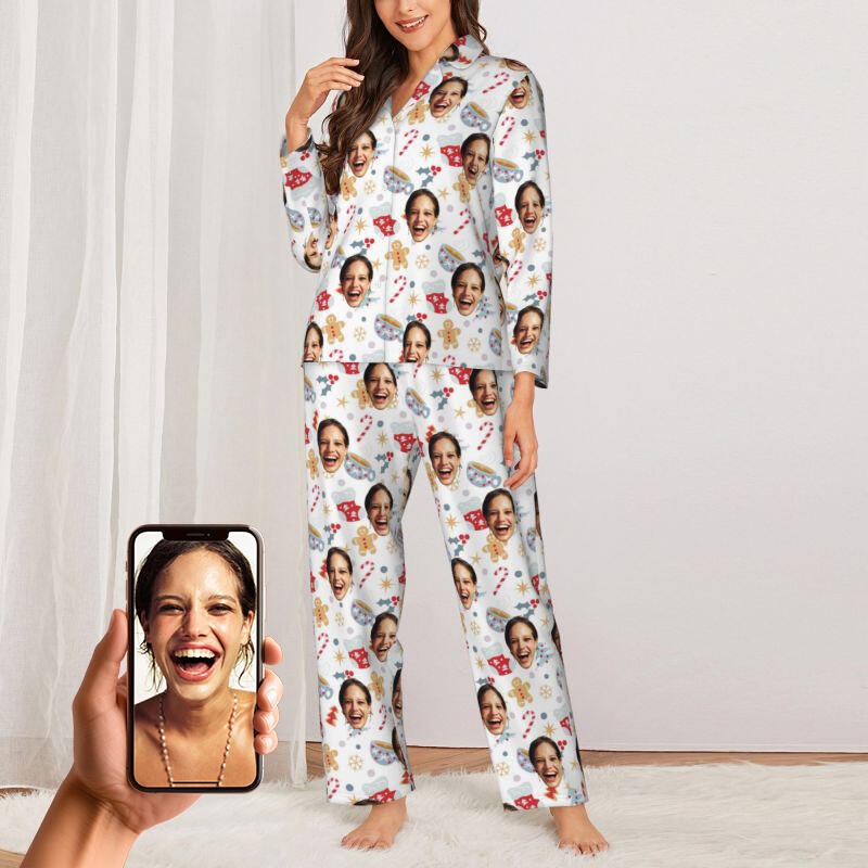 Pigiama personalizzato Foto personalizzata Calza di Natale con omino di pan di zenzero Design carino Regalo per lei