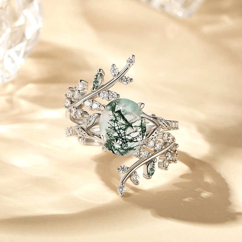 Jeulia Nature Inspired Vine Leaf Moss Agate Ring Set 2PCS