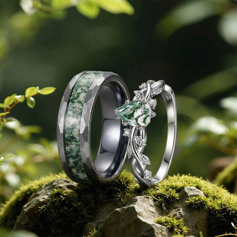 Jeulia Herren Gehämmert Tungsten Moosachat Ring