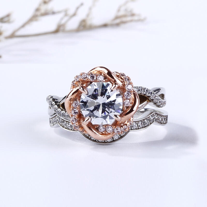 Jeulia Two Tone Twist Floral Round Cut Sterling Silver Ring Set