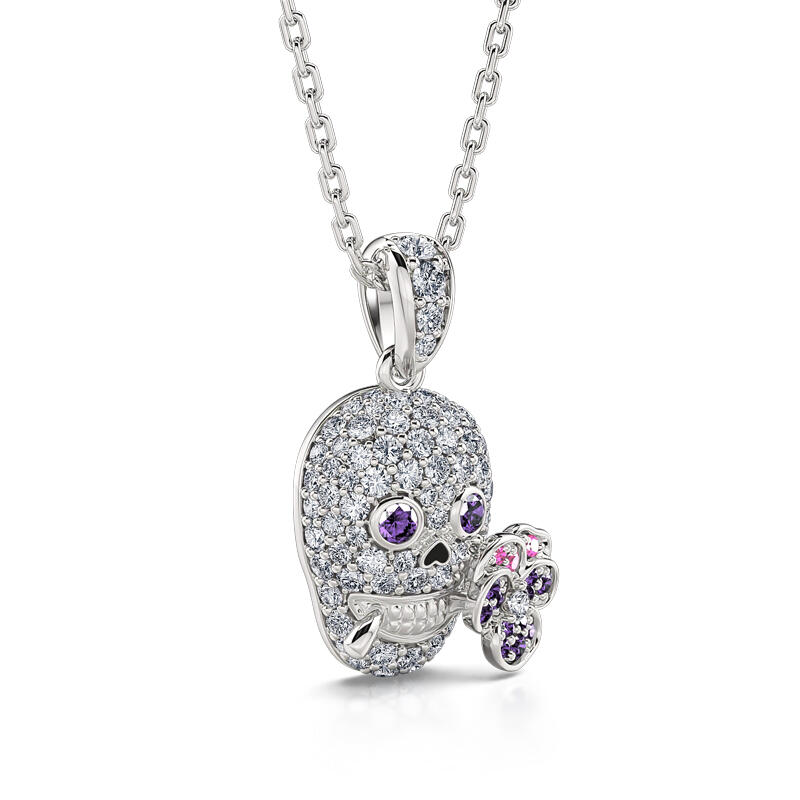 Jeulia "Forever Romance" Skull and Flower Sterling Silver Necklace