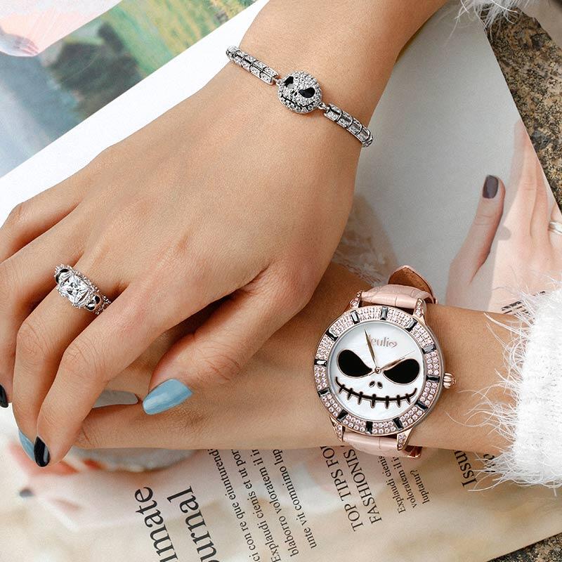 Jeulia "Magic at Midnight" Skull Design Quartz Pink Leather Watch with Mother-of-Pearl Dial
