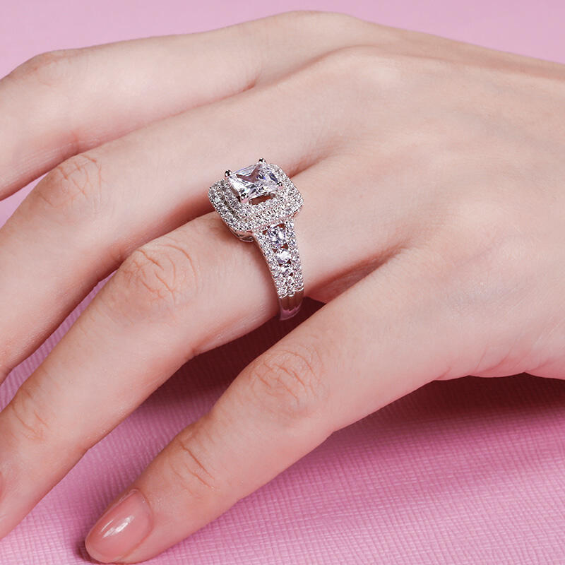 Jeulia Halo Princess Cut Sterling Silver Ring