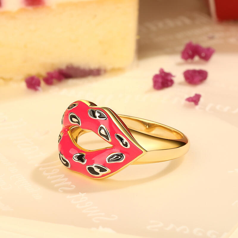 Jeulia Anillo de plata de ley con esmalte y estampado de leopardo con labios rojos