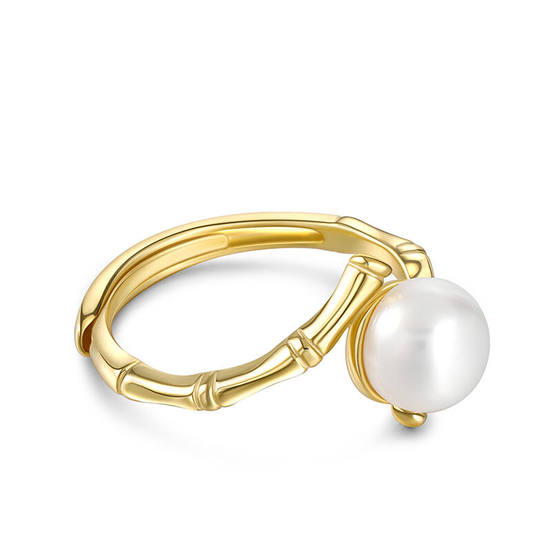 Jeulia Anillo Ajustable de Plata de Ley con Perlas y Diseño de Bambú