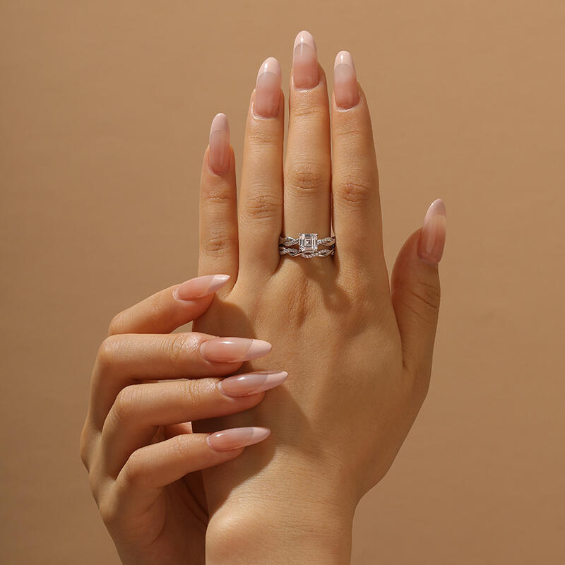 Jeulia Conjunto de Anillos de Plata de Ley con Corte Asscher y Torsión