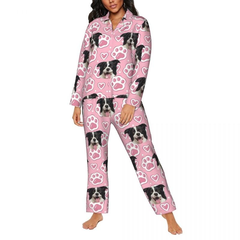Gepersonaliseerde pyjama met foto van huisdieren Roze hartjes en pootafdrukken Leuk cadeau voor dierenliefhebbers