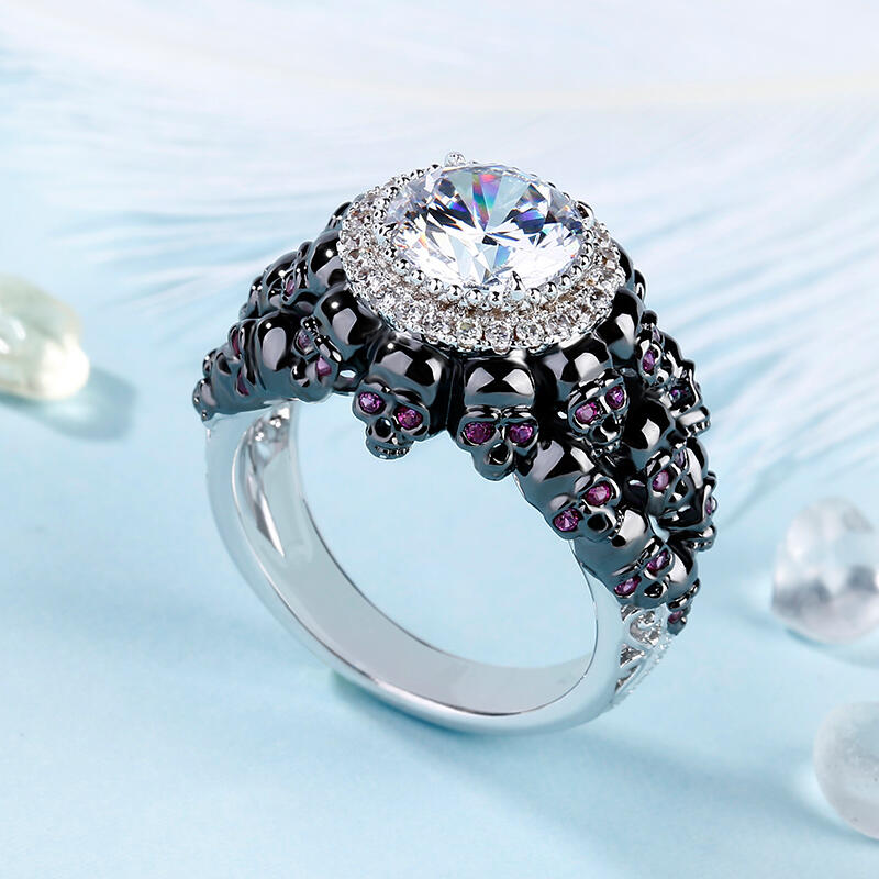 Jeulia Anillo De Calavera De Plata Esterlina Con Talla Redonda De Dos Tonos Con Halo