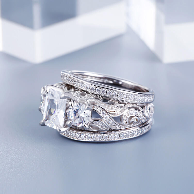 Jeulia Three Stone Scrollwork Radiant Cut Sterling Silver Ring Set