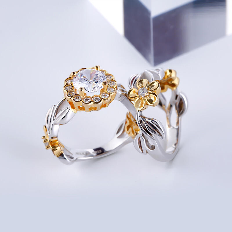 Jeulia Flower Halo Round Cut Sterling Silver Ring Set