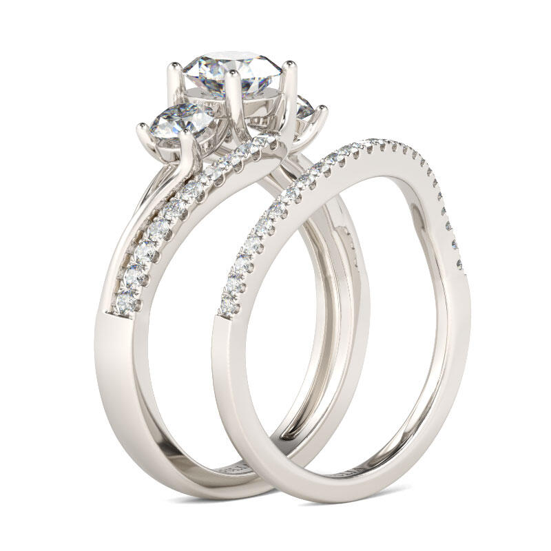 Jeulia Three Stone Round Cut Sterling Silver Ring Set