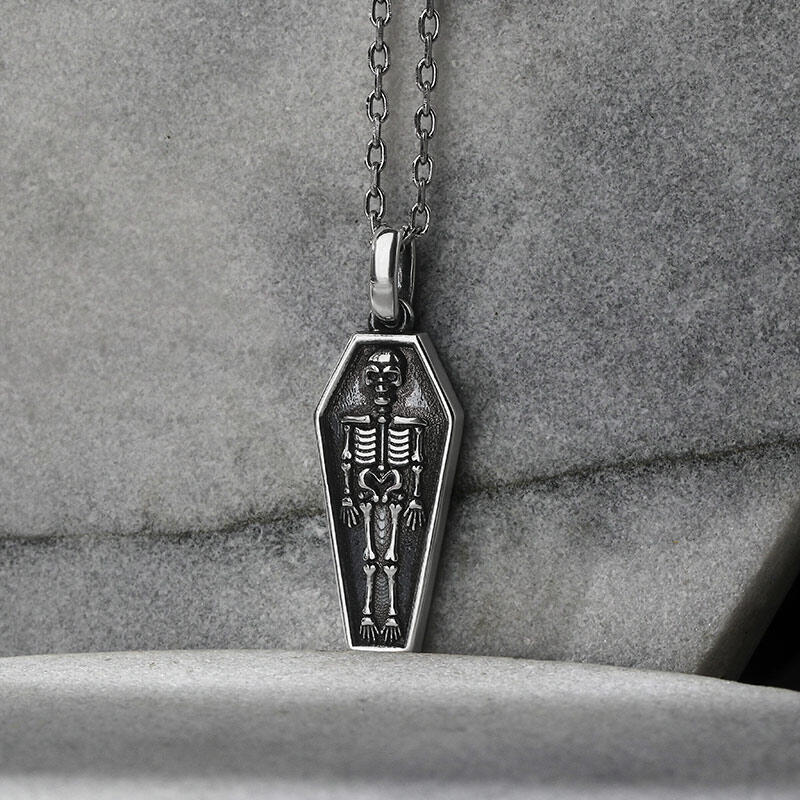 Jeulia "Skeleton in Coffin" Skull Sterling Silver Necklace